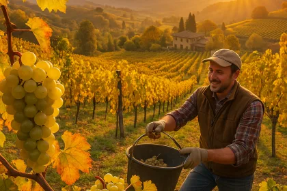 Fotorealistisches Bild eines Winzers, der bei Sonnenuntergang Weintrauben in einem goldenen Weinberg erntet, im Hintergrund ein Weingut zwischen sanften Hügeln.