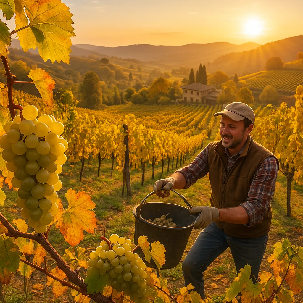 Fotorealistisches Bild eines Winzers, der bei Sonnenuntergang Weintrauben in einem goldenen Weinberg erntet, im Hintergrund ein Weingut zwischen sanften Hügeln.