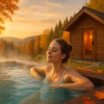 Fotorealistisches Bild einer Frau, die entspannt in einem dampfenden Außenpool sitzt, umgeben von buntem Herbstlaub, einem hölzernen Saunahaus und sanften Hügeln im Sonnenuntergang.