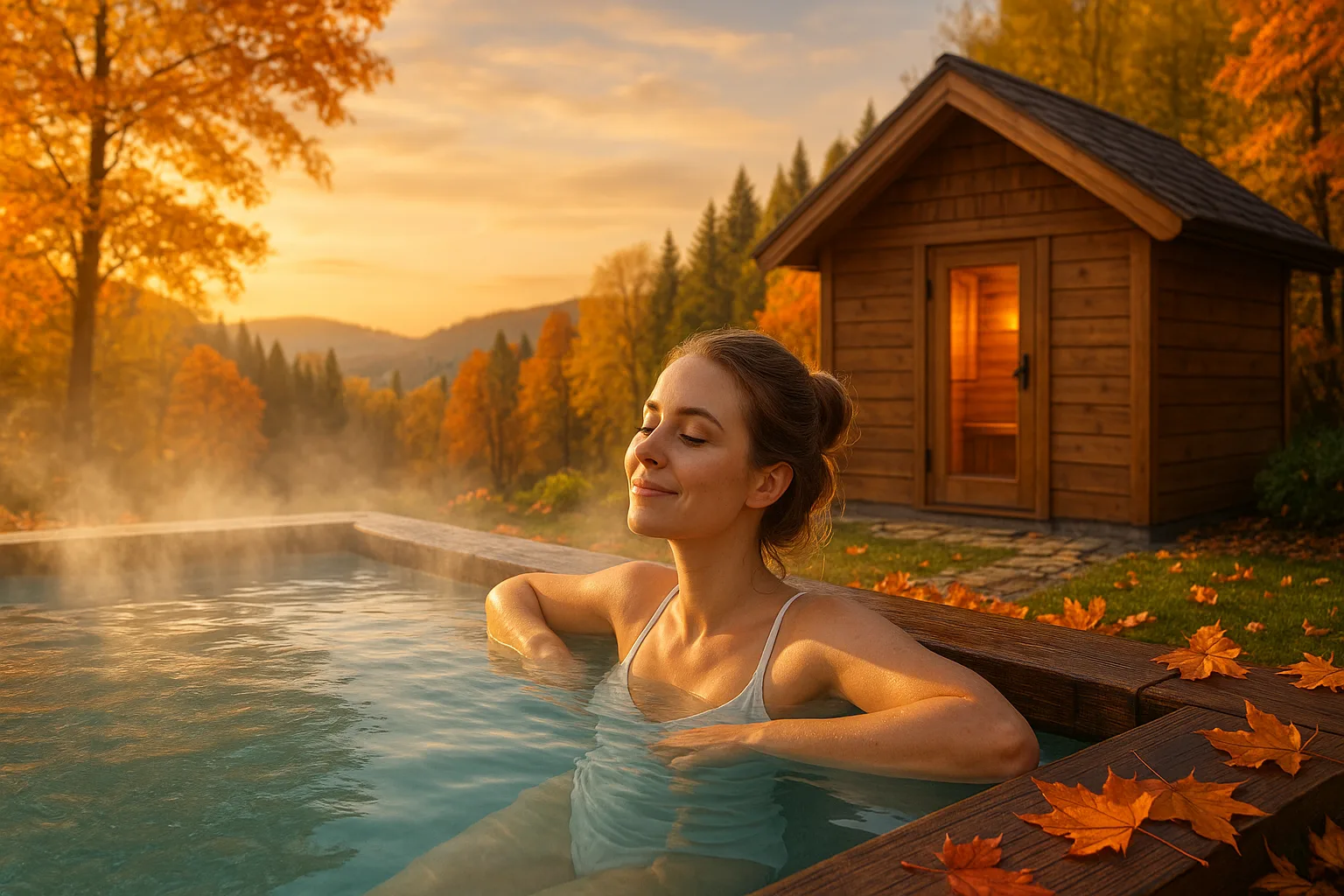 Fotorealistisches Bild einer Frau, die entspannt in einem dampfenden Außenpool sitzt, umgeben von buntem Herbstlaub, einem hölzernen Saunahaus und sanften Hügeln im Sonnenuntergang.