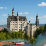 Fotorealistische Collage mit dem Berliner Fernsehturm, Schloss Neuschwanstein, dem Hamburger Hafen und den weißen Kreidefelsen auf Rügen unter blauem Himmel.