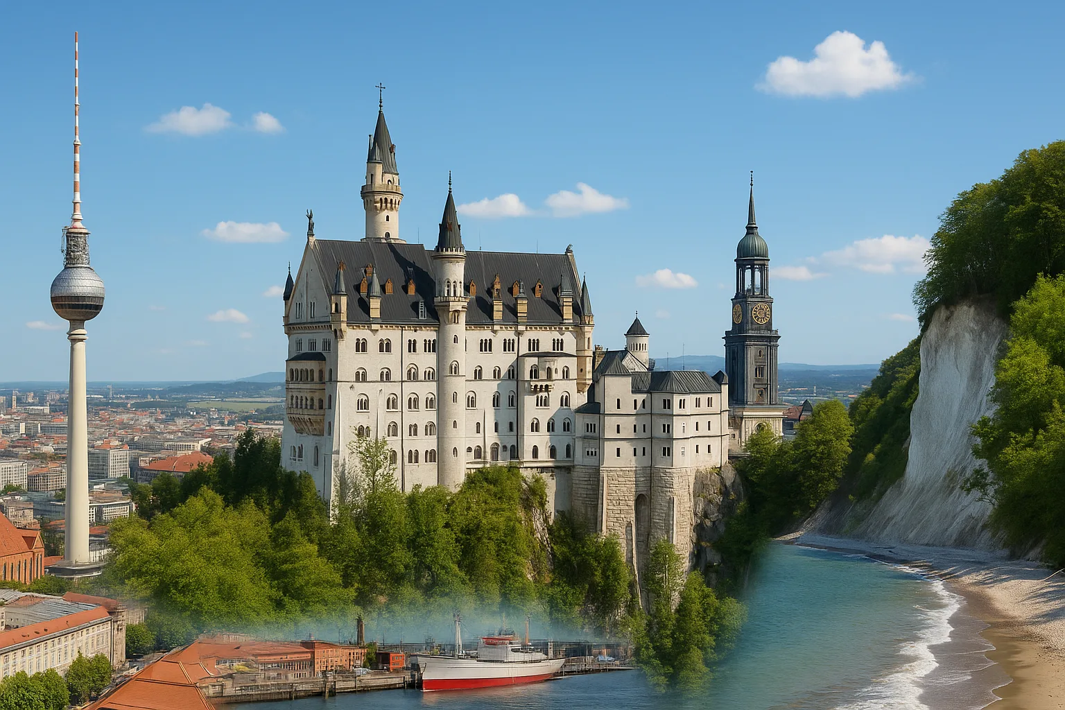 Fotorealistische Collage mit dem Berliner Fernsehturm, Schloss Neuschwanstein, dem Hamburger Hafen und den weißen Kreidefelsen auf Rügen unter blauem Himmel.