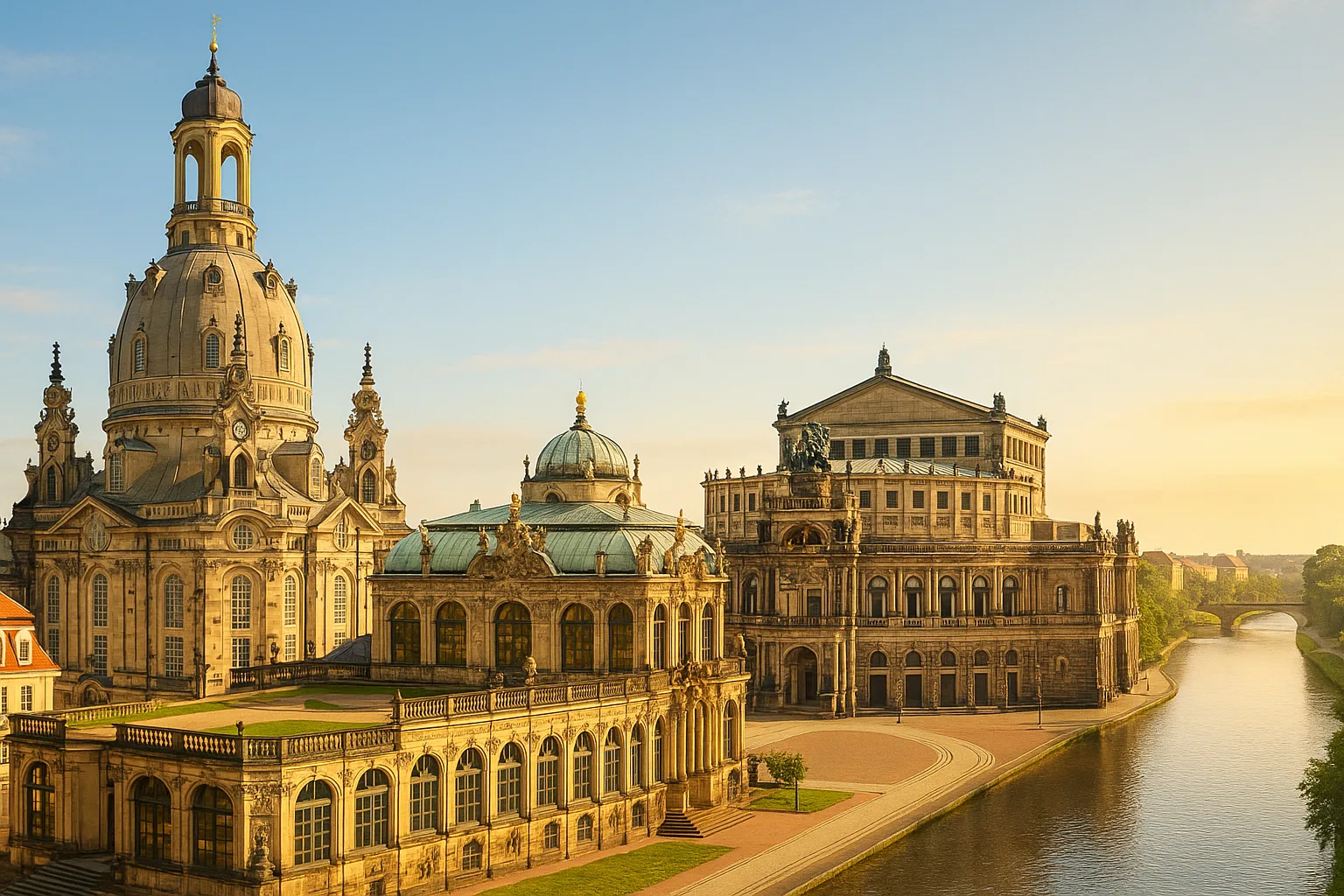 Fotorealistische Ansicht der Dresdner Altstadt mit Frauenkirche, Semperoper, Zwinger und Elbufer im warmen Sonnenlicht unter blauem Himmel.