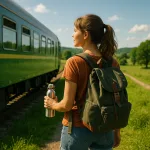 Fotorealistisches Bild einer jungen Frau mit Rucksack und Trinkflasche, die neben einem grünen Zug in einer sonnigen Landschaft steht – Symbol für nachhaltiges Reisen.